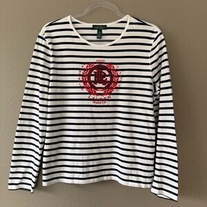 Ralph Lauren Embroidery Beaded Navy Blue White Striped Long Sleeve T-Shirt L